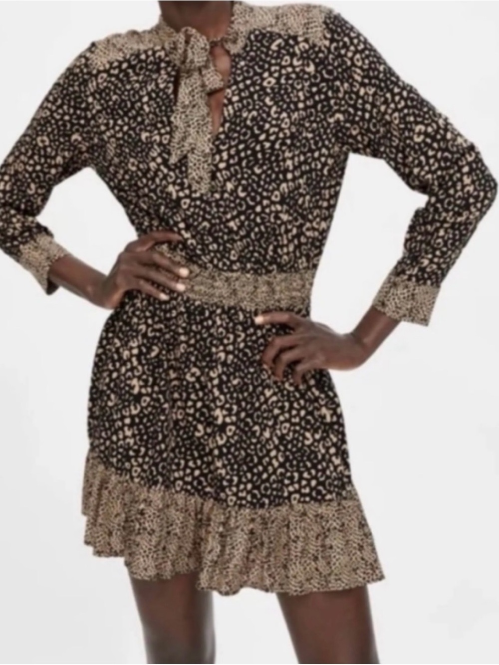 Zara Women Brown Cheetah Print Ruffled Hem Long Sleeve Mini Dress Size S USA